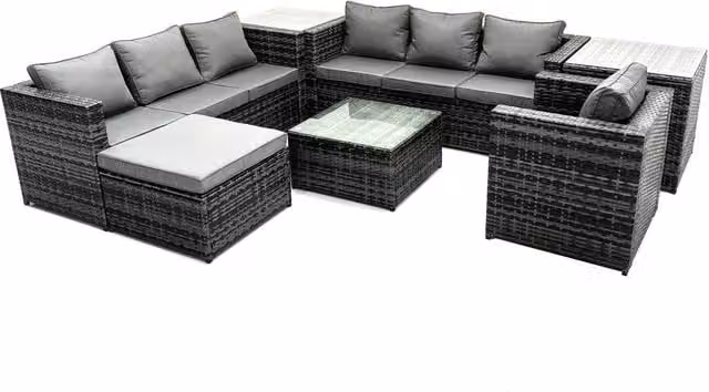 Fimous 8-Seater Patio Coffee Table Sofa Set with 2 Side Tables and Big Stool in Dark Grey – 1