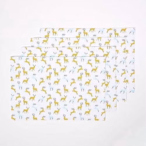Homescapes Set of 4 Grey and White Cotton Christmas Placemats