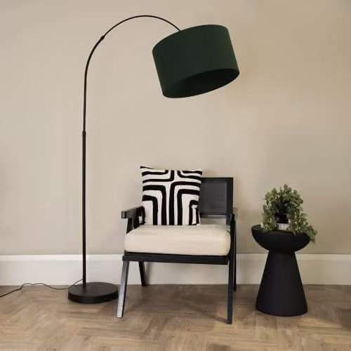 ValueLights Louis Black Metal Arched Floor Lamp with Green Fabric Drum Shade – 2