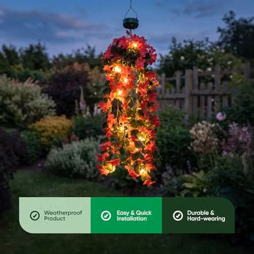 Gardenwize Solar Powered LED Hanging Primrose Flower Lights with 30 LEDs in Red and Pink – 8