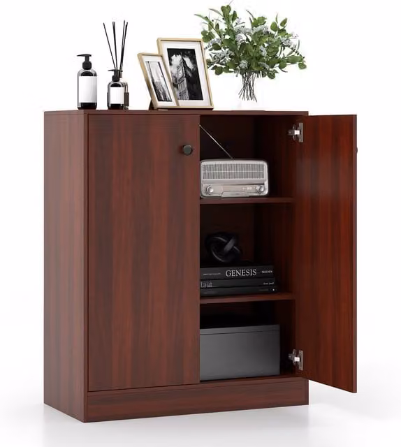 COSTWAY Modern Brown 2-Door Buffet Cabinet with Internal Shelves and Hinged Doors