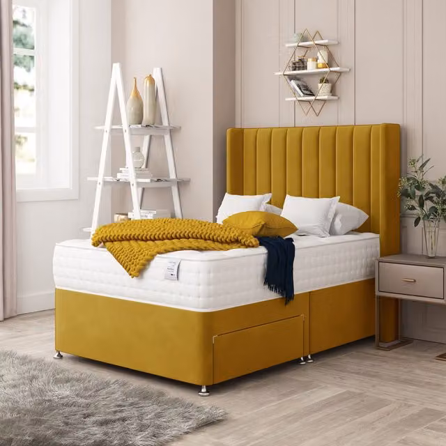 Bed Choices Regent Upholstered Velvet Divan Bed with 2 Drawers, Mattress and Headboard in Yellow, Size: King (180 x 200 cm)