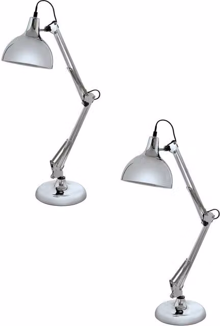 Loops 2 Pack Chrome Adjustable Metal Table Desk Lamps with E27 In-Line Switch