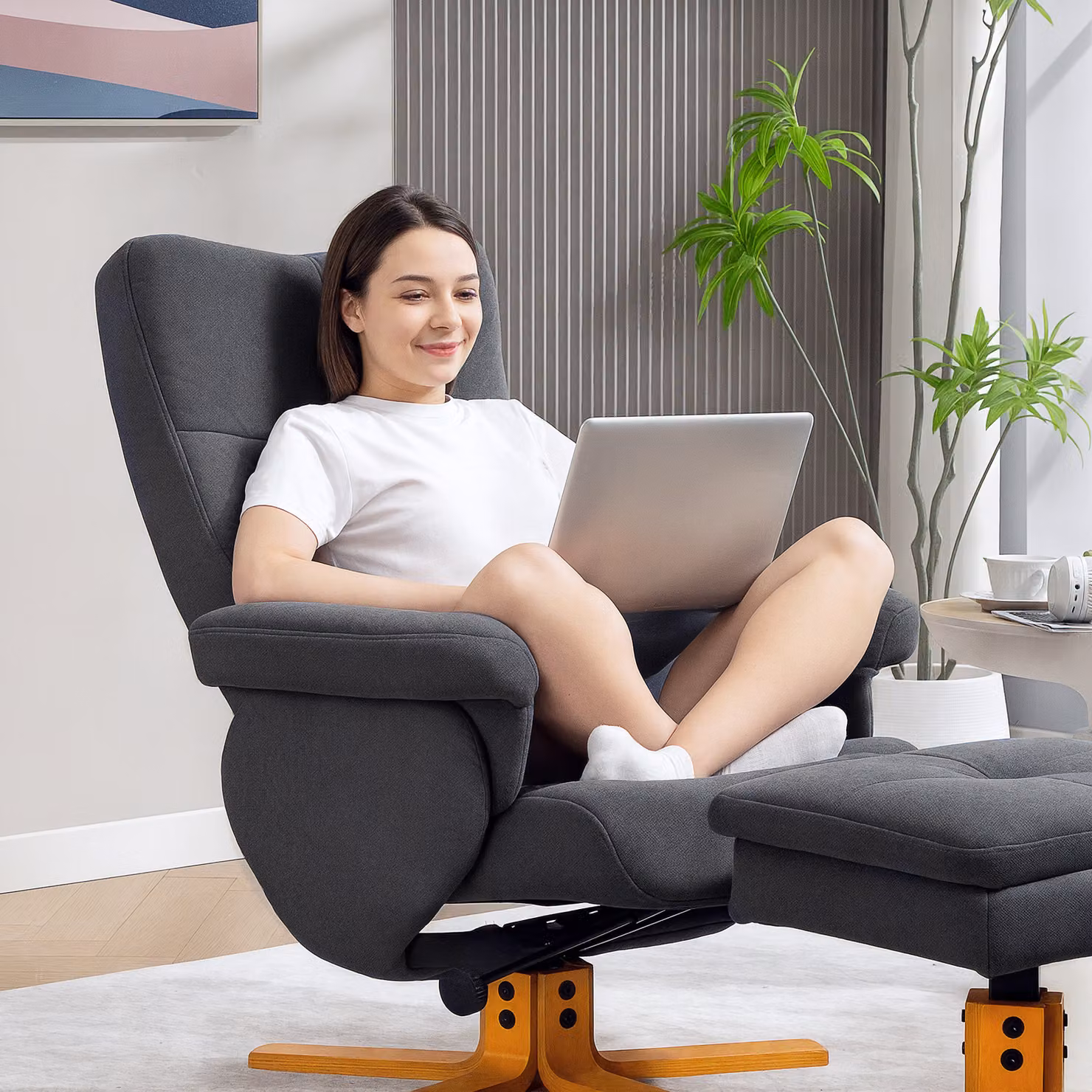 HOMCOM Grey Linen-Look Recliner with Storage Ottoman and Armrests – 8