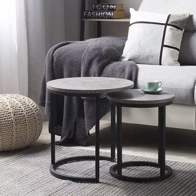 Wyld and Coco Two-Piece Round Nesting Tables in Grey Dark Concrete Effect