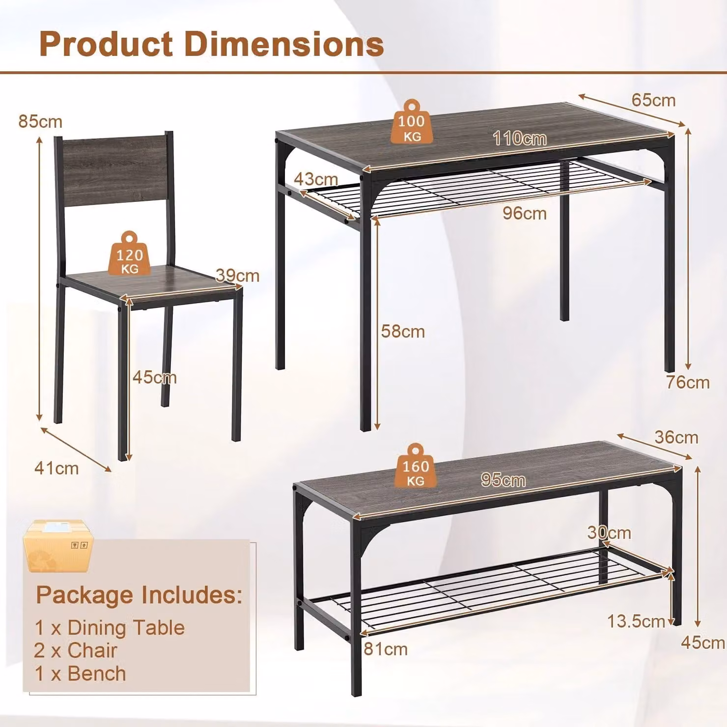 Costway Industrial Rectangular Dining Table Set with Chairs and Bench in Grey – 2