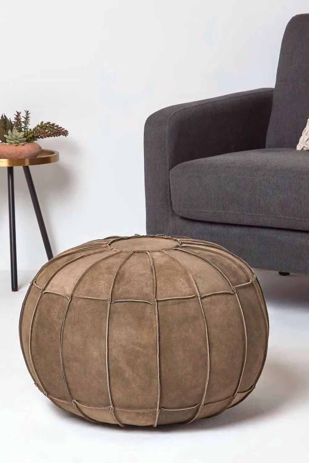 Homescapes Brown Leather and Suede Round Cylindrical Pouffe Footstool – 2