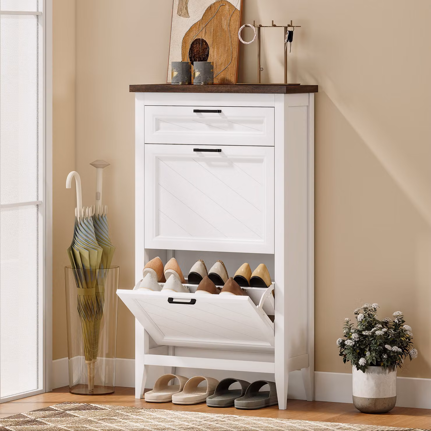 HOMCOM White Farmhouse Shoe Cabinet with 2 Tilting Compartments and Internal Shelves – 2