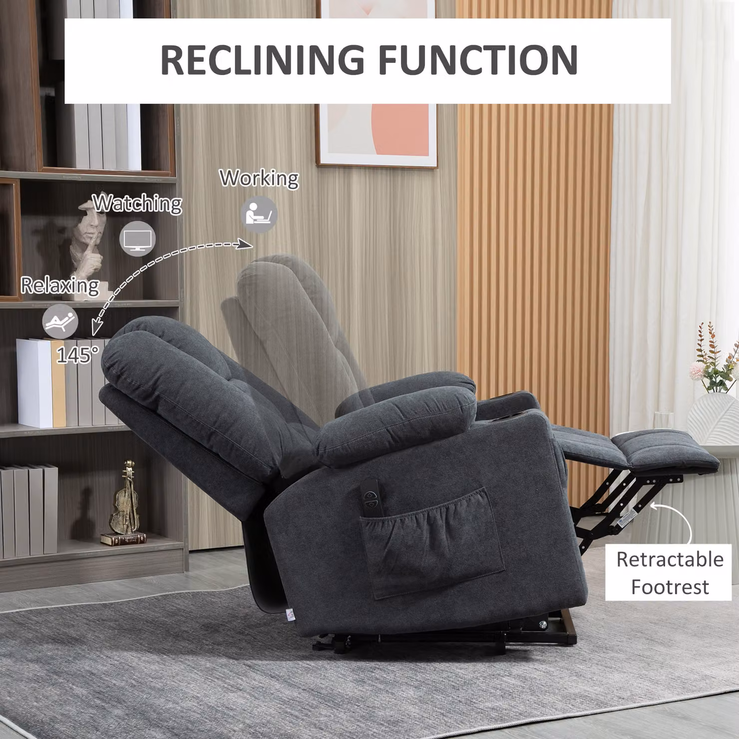 HOMCOM Oversized Fabric Upholstered Riser and Recliner Chair for Seniors in Grey with Remote Control, Side Pockets and Cup Holder – 4
