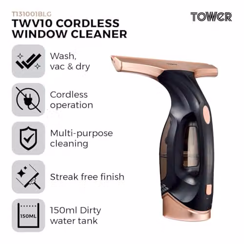 Tower T13100BLG Cordless Rechargeable Window Cleaner in Black, Gold and Grey with 150ml Water Tank – 2