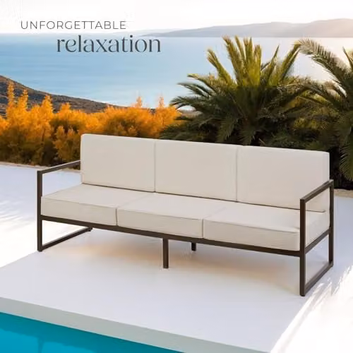 tectake 3 Seater Garden Sofa in Beige with Powder Coated Steel Frame and Removable Outdoor Fabric Cushions – 6