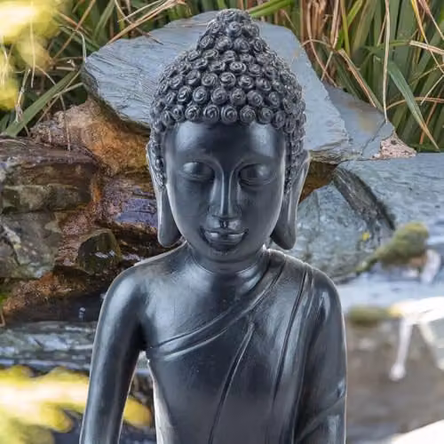 PMS VFM Zen Garden Meditating Buddha Tabletop Ornament, Black, H: 30.0 cm, W: 25.0 cm, D: 15.29 cm – 5