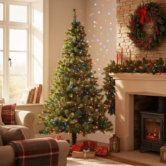 Shatchi 10ft Pre-Lit Alaskan Pine Artificial Christmas Tree in Green with Warm Multicolour LEDs and Metal Stand – 1