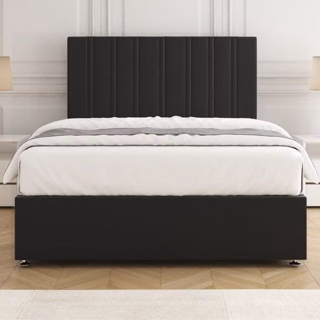 BSSPOKE Sienna Plush Velvet Divan Bed Set with 24 inch Headboard and Mattress in Black, Double, W/D/H: 140 x 200 cm