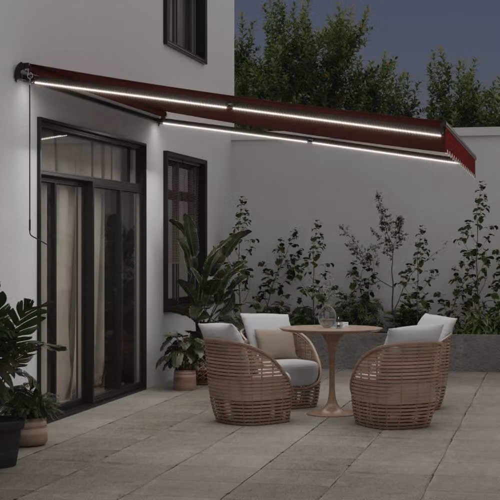 Berkfield Home Manual Retractable Awning with LEDs in Burgundy and Black, W: 400 cm, D: 350 cm – 3