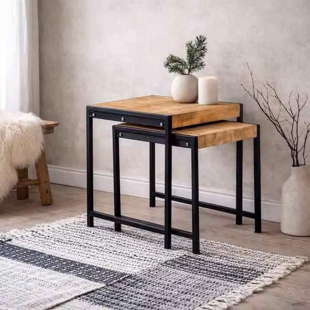 Wyld Haus Toivakka Nesting Side Tables Set of 2, Brown Reclaimed Wood and Metal Industrial Square Tables