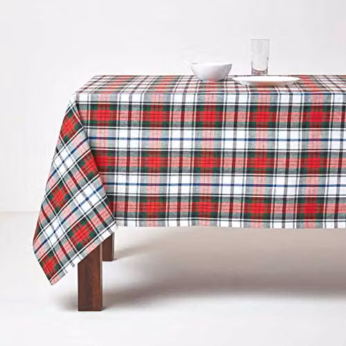 Homescapes Macduff Tartan Christmas Tablecloth, Red, White and Green Checked Cotton, W: 140 cm, D: 230 cm – 5