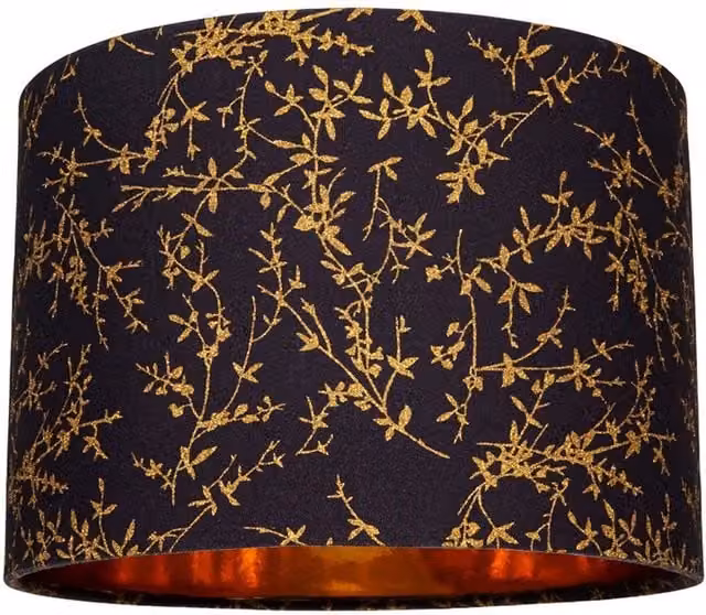 Happy Homewares Modern Round Soft Cotton Fabric Lamp Shade with Gold Floral Decoration in Black, Diameter: 30.48 cm