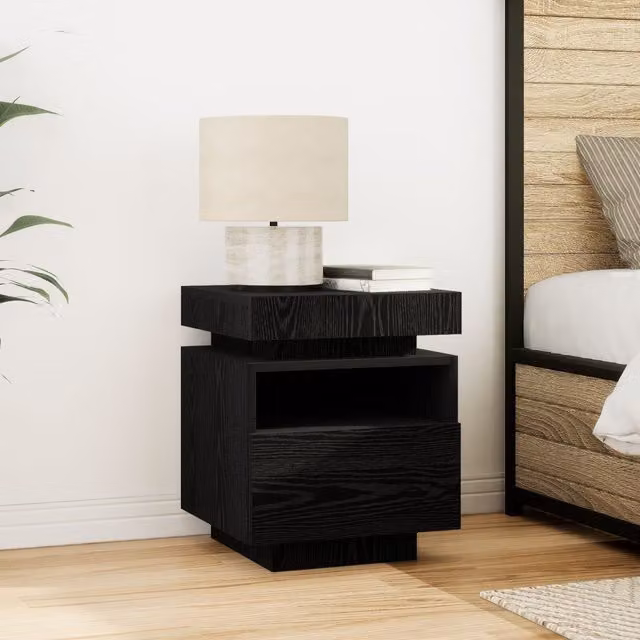 Berkfield Home Bedside Cabinet with Integrated LED Lights in Black Oak, W: 40 cm, D: 39 cm, H: 48.5 cm – 1