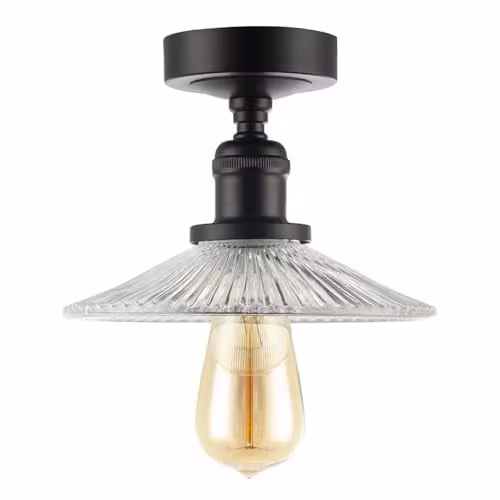 Happy Homewares Vintage Black Ceiling Light Fitting with Transparent Fluted Glass, W/D/H: 16 x 16 x 21 cm