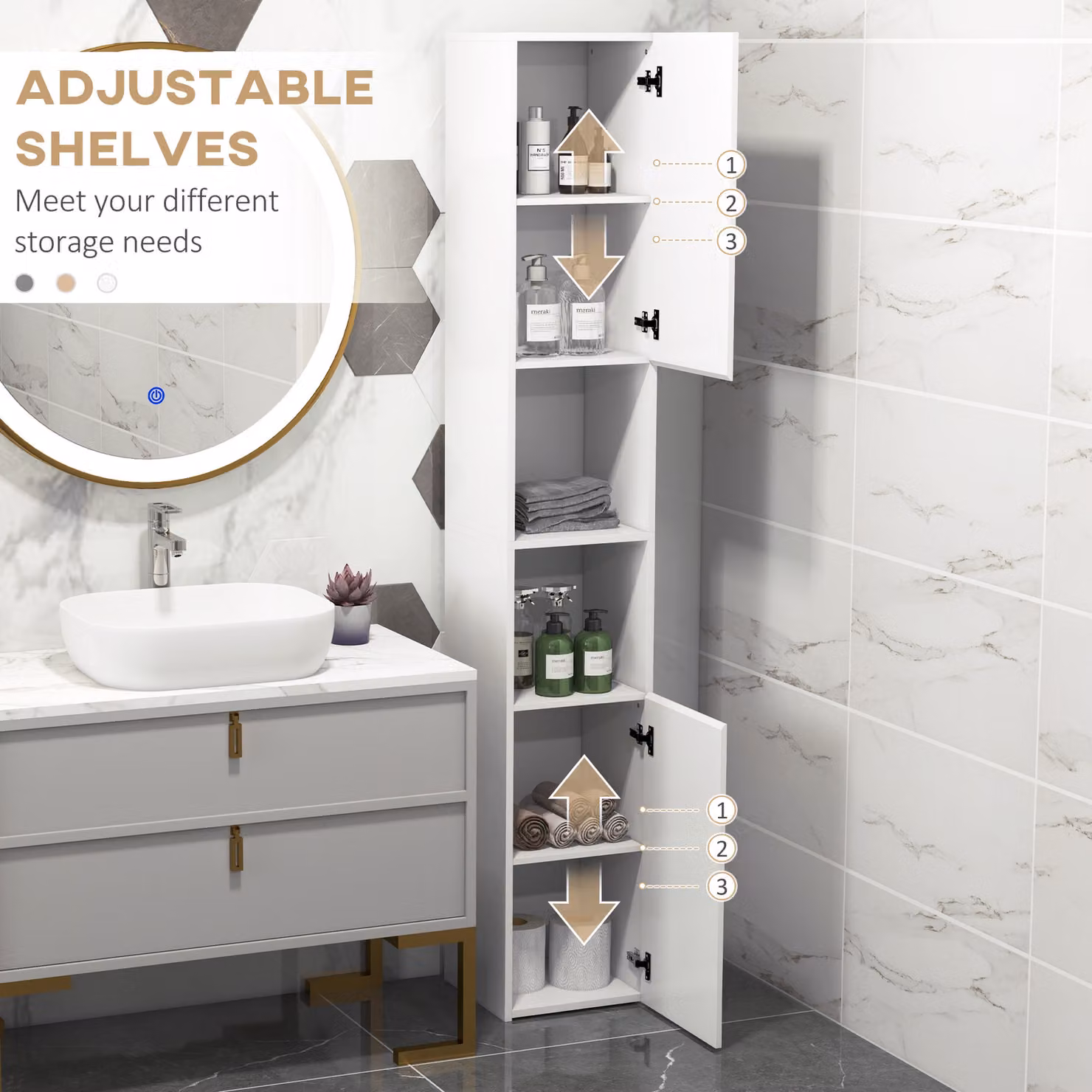 Kleankin White High Gloss Corner Bathroom Cabinet with LED Lighting and Internal Shelves – 2
