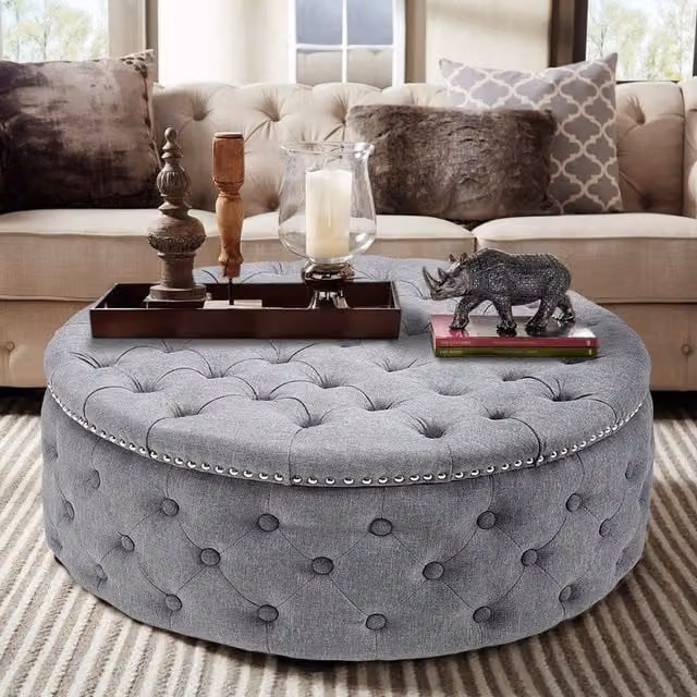 Livingandhome Round Tufted Upholstered Buttoned Footstool in Grey Fabric