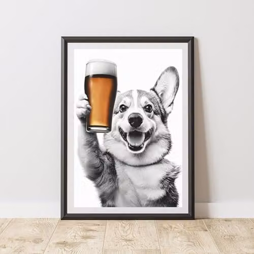 60 Second Makeover Funny Corgi Drinking Beer Paper Poster, A3, Multicolour