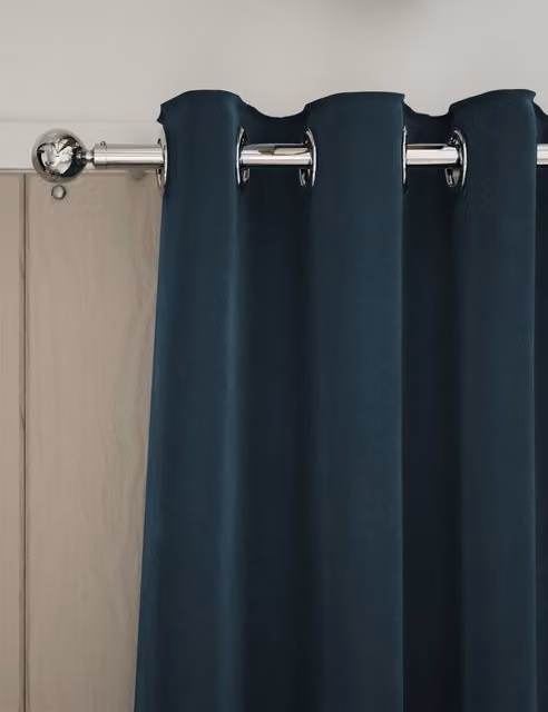 M&S Mid Blue Velvet Eyelet Curtains, Thermal Insulating and Opaque