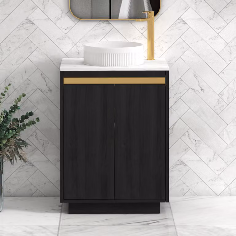 Royal Bathrooms Orion 600mm Hale Black Floor Standing Vanity Unit with Carrara White Countertop, Round Basin and Brushed Brass Accents