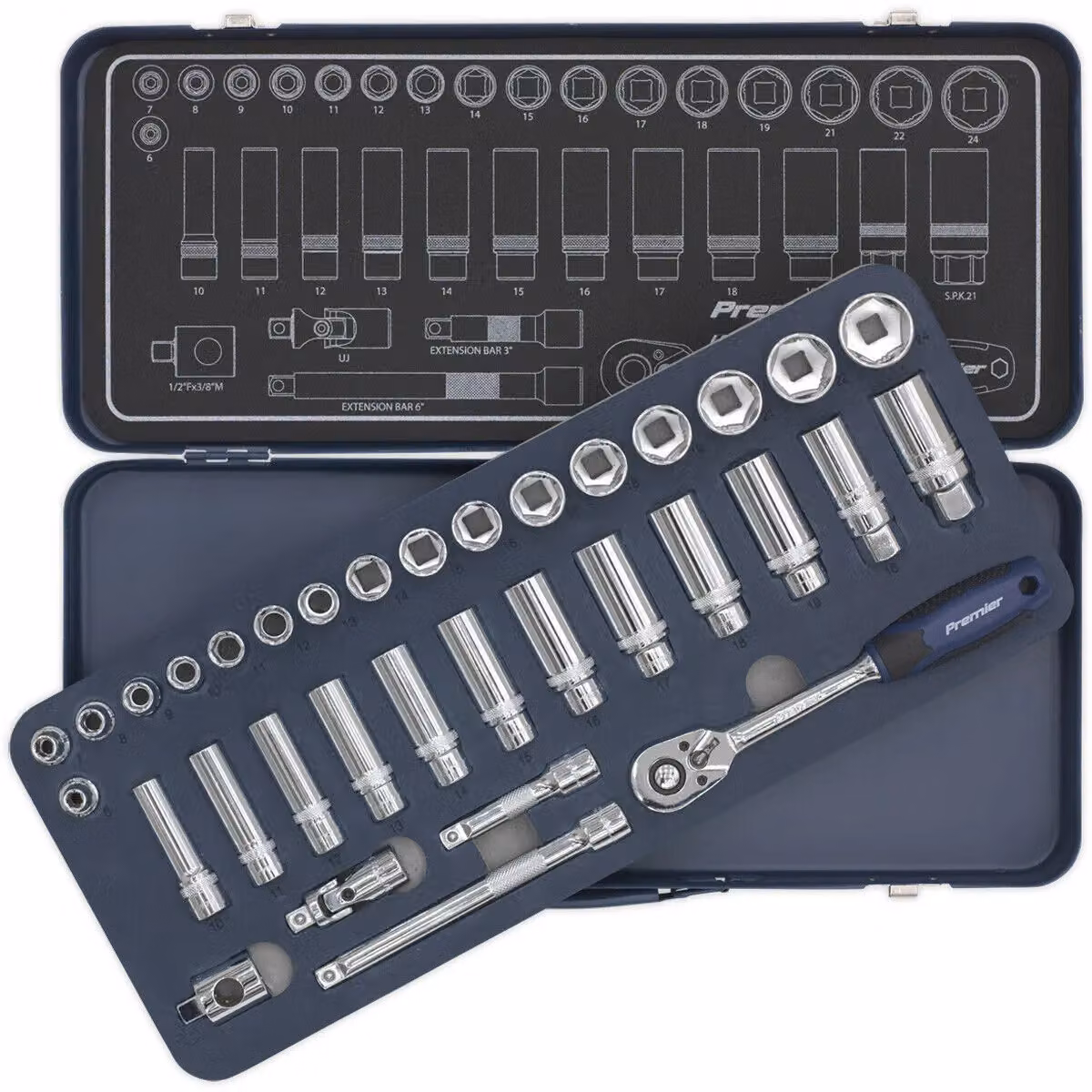 Loops 34 Piece 3/8 Inch Metric Socket Set with 6 Point Lock-On Rounded Heads in Silver and Multicolour Chrome Vanadium Steel – 3
