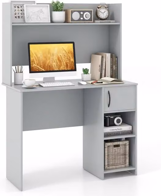 Costway Modern Computer Desk with Display Shelf in Grey