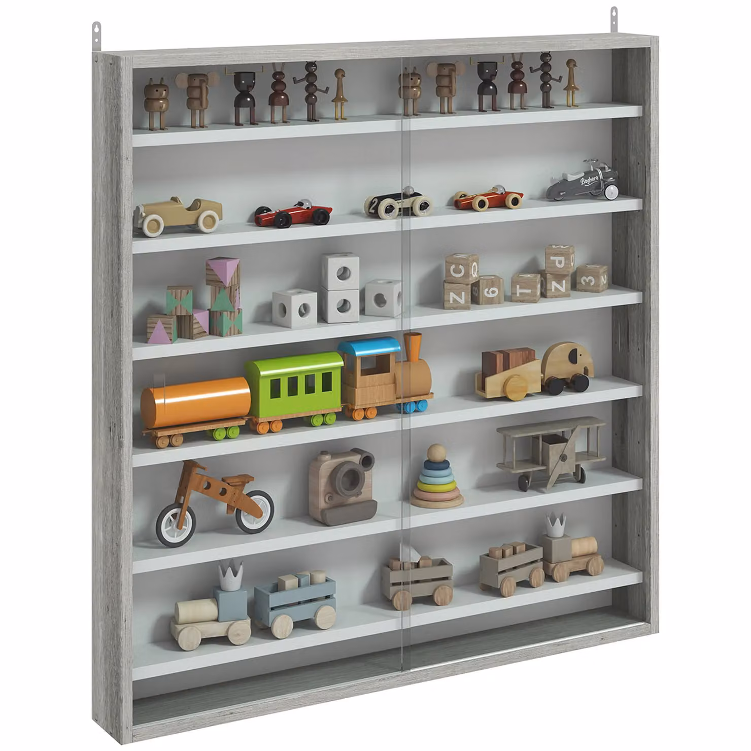 HOMCOM Wall Mounted 7-Tier Display Cabinet with Glass Doors and Internal Shelves, Grey – 2