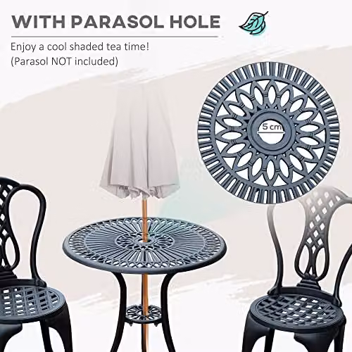 Outsunny 3 Piece Shabby Chic Cast Aluminium Bistro Set in Matt Black with Floral Design – 3