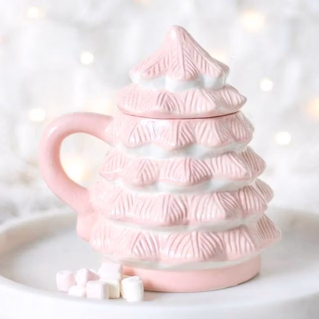 Uniqueful Pink Christmas Tree Shaped Ceramic Mug with Lid