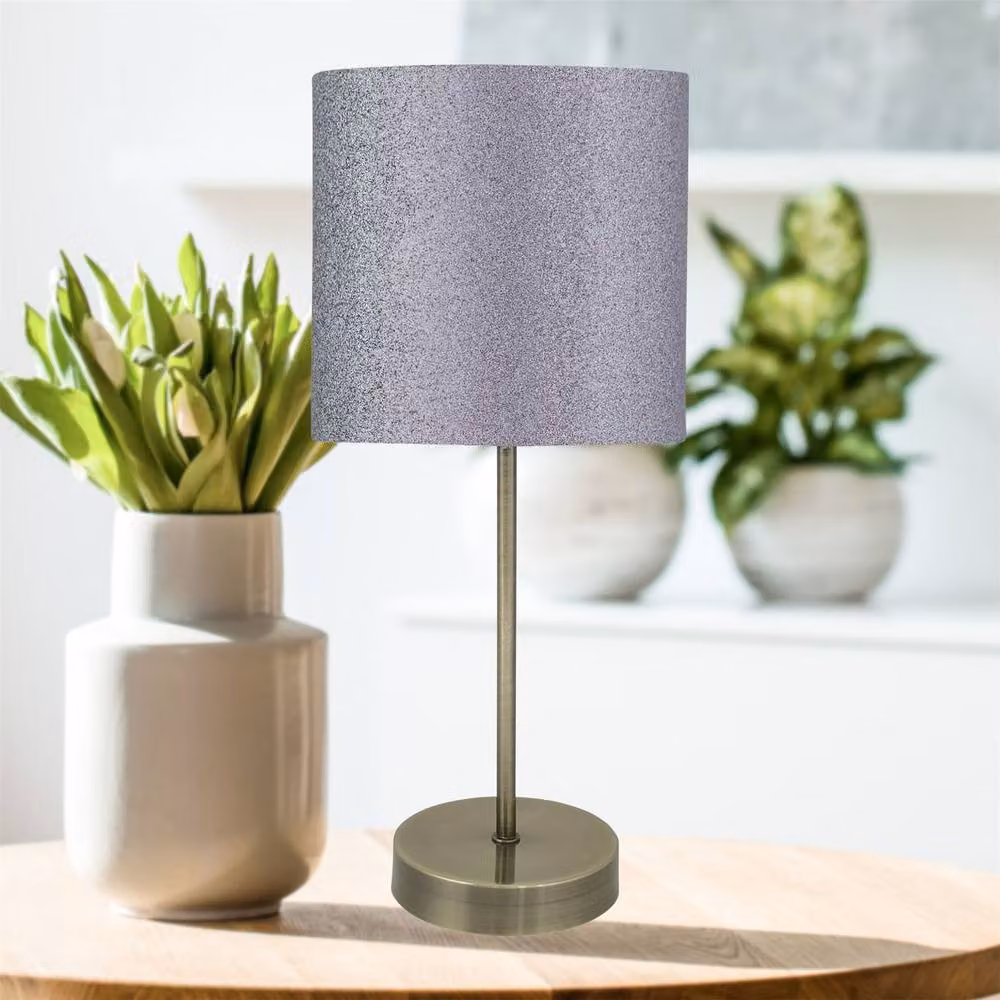 First Choice Lighting Set of 2 Antique Brass Stick Table Lamps with Grey Fabric Cylinder Shades – 3