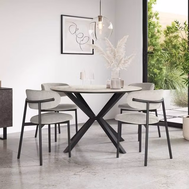 More4Homes Calne Calcutta Gold Ceramic Round Dining Table and 6 Myla Grey Linen Chairs