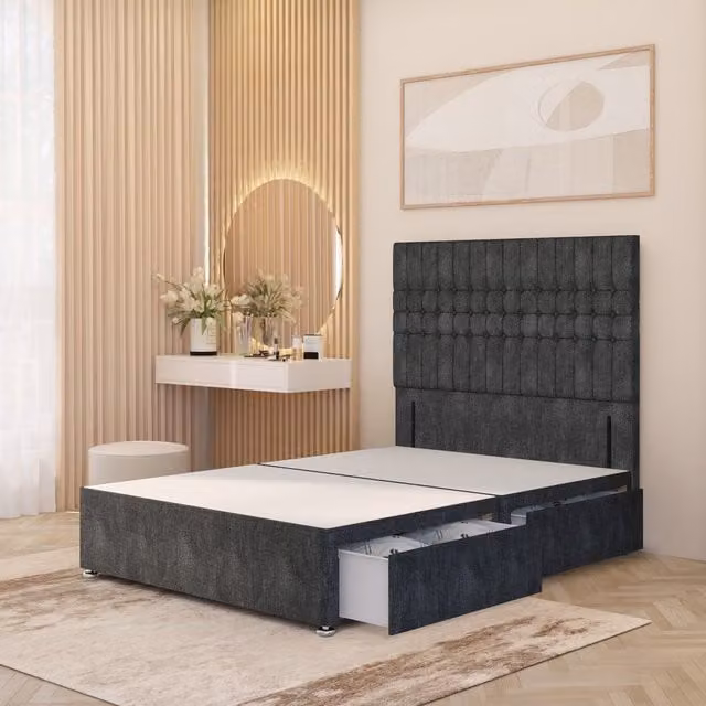 Somnior Beds Ltd Lexington Divan Bed Base with 54 inch Floor Standing Headboard in Anthracite Grey Tweed Fabric, W/D/H: 200 x 200 x 34.5 cm