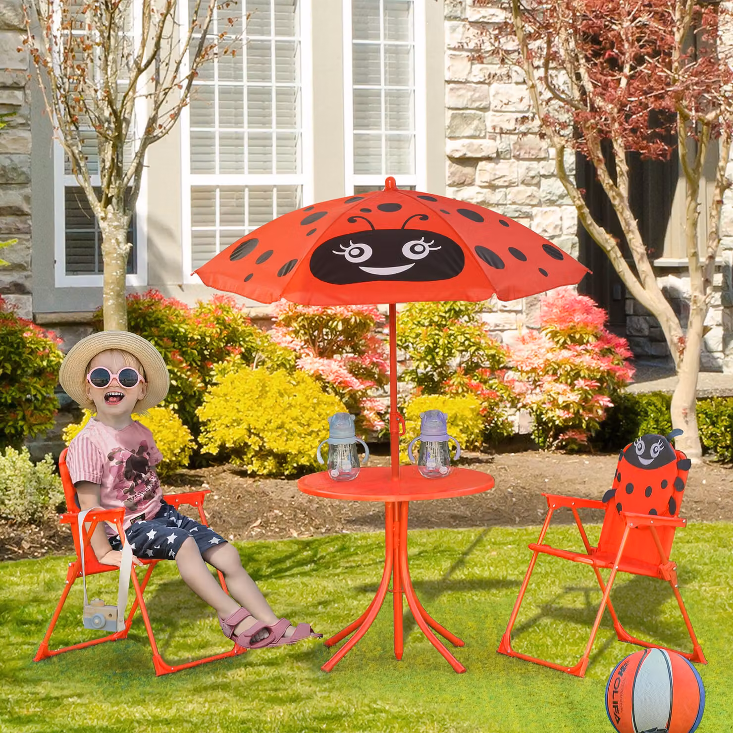 Outsunny Kids Folding Picnic Table and Chairs Set with Parasol, Ladybug Pattern, Red and Multicolour – 2