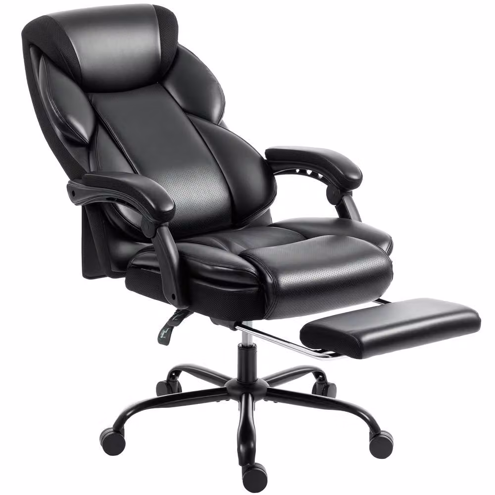 HOMCOM Black PU Leather Reclining Office Chair with Footrest, Armrests and Headrest – 2