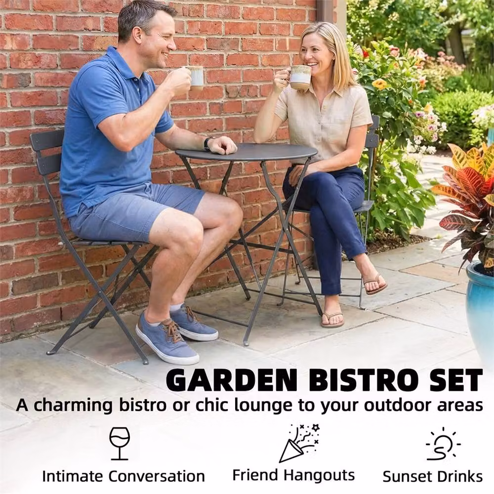 Outsunny Grey Metal Folding Garden Bistro Set with Round Table and 2 Chairs – 3
