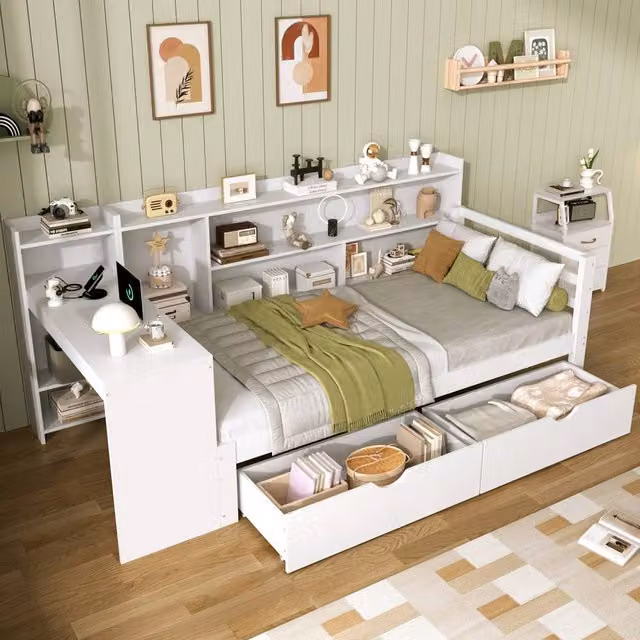 Merax White Wooden Single Cabin Daybed with Desk, Storage Drawers, Bedside Shelf and USB Charging Port, 90 x 190 cm