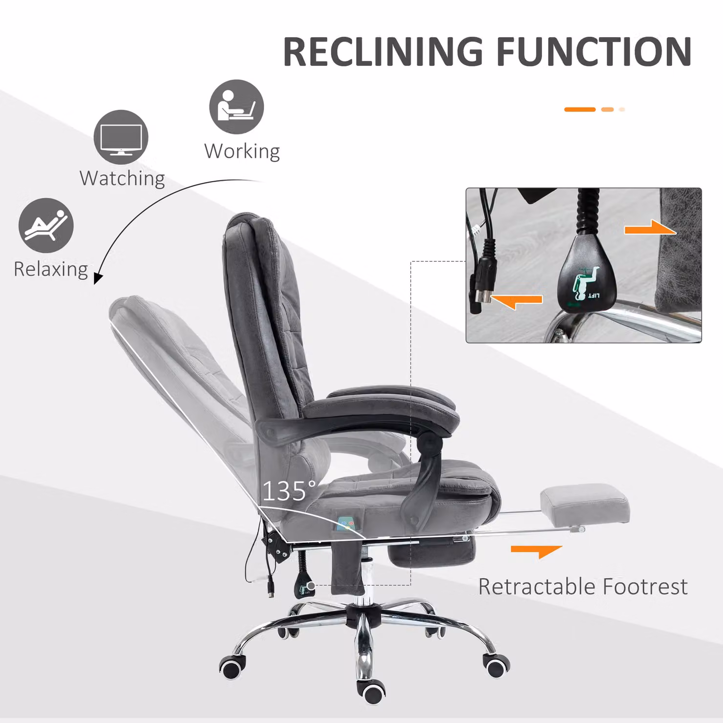 VINSETTO Ergonomic Heated Office Chair with 6-Point Vibration Massage in Dark Grey – 5