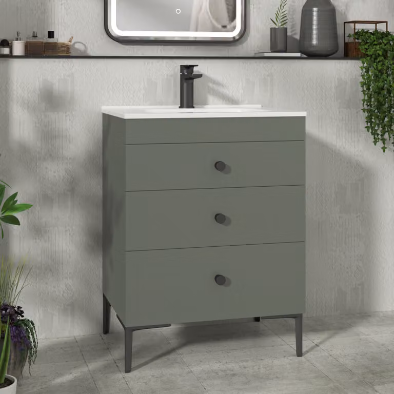 Royal Bathrooms Verona 600mm Matt Green Floor Standing 3 Drawer Vanity Unit with Ceramic Basin and Matt Black Knob