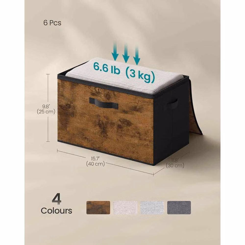 The Bazaarist Set of 6 Brown Fabric Storage Boxes with Lids and Handles – 3