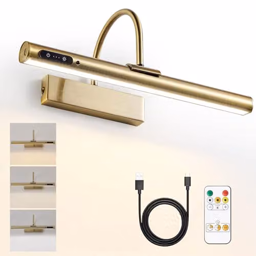 Harper Living Antique Brass Rechargeable Picture Light with Remote Control, Dimmable LED Wall Lamp with Timer and CCT Settings