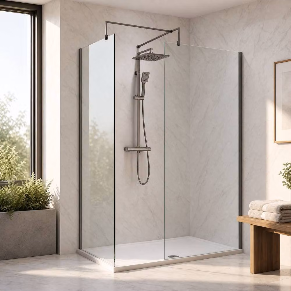 Balterley Gunmetal and Silver Rectangular Walk-In Wetroom Bundle, W: 140 cm, D: 80 cm – 2