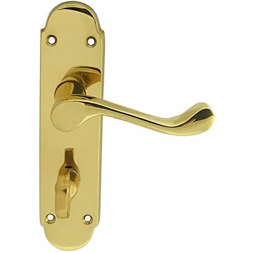 Loops Pair Victorian Upturned Lever Bathroom Door Handles on Backplate, Polished Brass, W: 170 mm, H: 42 mm