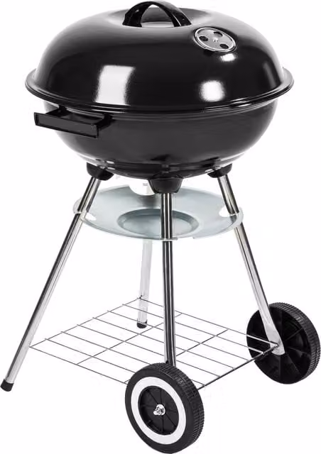 tectake Black Galvanised Steel Charcoal Kettle BBQ Grill with Wheels and Chrome Details