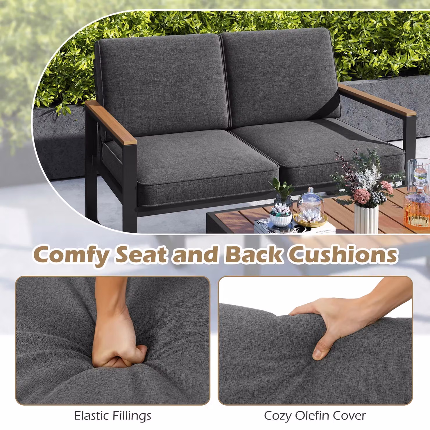 Gymax 2 Piece Grey Patio Furniture Set Featuring a 2 Seater Outdoor Sofa with Cushions and a Coffee Table – 5
