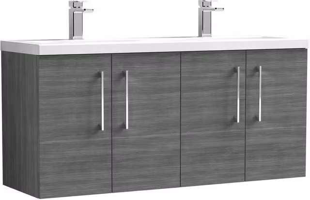Balterley Level 1200 mm Wall Hung 4 Door Bathroom Unit with Double Basin in Anthracite Grey Woodgrain – 1